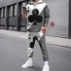 Men's Graphic Poker 2pcs 3D Sweatshirt Sets Tracksuit Hoodies Long Sleeve Long pants Hooded Streetwear Designer Basic Sports & Outdoor Casual Sports Print Spring Fall Black And White Light Yellow
