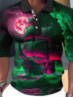 Men's Graphic Polo Shirts Golf Shirt Long Sleeve Polo Shirts Collared Shirts Vintage Casual Vacation Wear Boat Wear Party Outfits Buttons 3D Print Red Royal Blue Blue