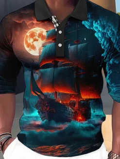 Men's Graphic Polo Shirts Golf Shirt Long Sleeve Polo Shirts Collared Shirts Vintage Casual Vacation Wear Boat Wear Party Outfits Buttons 3D Print Red Royal Blue Blue