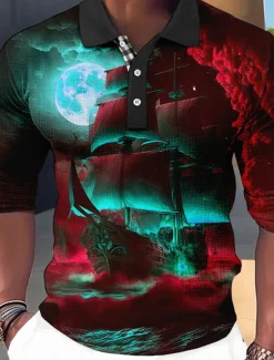 Men's Graphic Polo Shirts Golf Shirt Long Sleeve Polo Shirts Collared Shirts Vintage Casual Vacation Wear Boat Wear Party Outfits Buttons 3D Print Red Royal Blue Blue