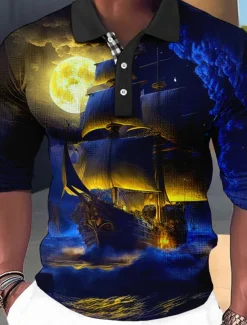 Men's Graphic Polo Shirts Golf Shirt Long Sleeve Polo Shirts Collared Shirts Vintage Casual Vacation Wear Boat Wear Party Outfits Buttons 3D Print Red Royal Blue Blue