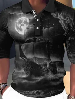 Men's Graphic Polo Shirts Golf Shirt Long Sleeve Polo Shirts Collared Shirts Vintage Casual Vacation Wear Boat Wear Party Outfits Buttons 3D Print Red Royal Blue Blue