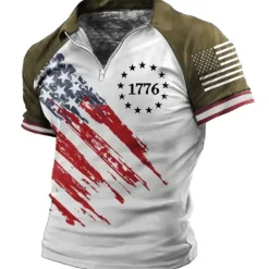Men's Graphic Prints American Flag Veterans Patriotic Polo Shirts Zip Polo Golf Shirt Short Sleeves Shirt Turndown Outdoor Street Black Wine Blue Brown Zipper Print Clothing Apparel Fashion Designer