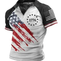 Men's Graphic Prints American Flag Veterans Patriotic Polo Shirts Zip Polo Golf Shirt Short Sleeves Shirt Turndown Outdoor Street Black Wine Blue Brown Zipper Print Clothing Apparel Fashion Designer