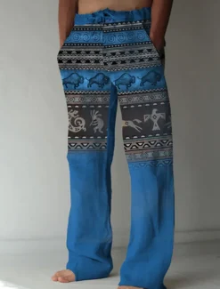 Men's Graphic Prints Linen Pants Baggy Pants Mid Waist Streetwear Hawaiian Designer Casual Daily Holiday Drawstring Elastic Waist Front Pocket Spring & Summer 3D Print Green Khaki Gray