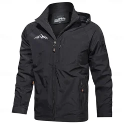 Men's Graphic Prints Mountain Jacket Raincoat Shell Jacket Waterproof Lightweight Casual Sports Outdoor Camping & Hiking Embroidered Side Pockets Zip Front Fall Winter Hooded Long Sleeve Black Green