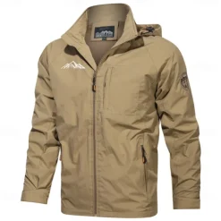 Men's Graphic Prints Mountain Jacket Raincoat Shell Jacket Waterproof Lightweight Casual Sports Outdoor Camping & Hiking Embroidered Side Pockets Zip Front Fall Winter Hooded Long Sleeve Black Green