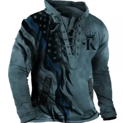 Men's Graphic Prints National Flag Sweatshirt Pullover Long Sleeve Sweatshirt Standing Collar Streetwear Designer Basic 3D Print Sports & Outdoor Casual Daily Lace up Pocket Spring & Fall