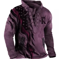 Men's Graphic Prints National Flag Sweatshirt Pullover Long Sleeve Sweatshirt Standing Collar Streetwear Designer Basic 3D Print Sports & Outdoor Casual Daily Lace up Pocket Spring & Fall