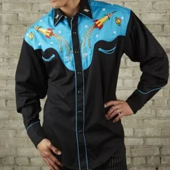 Men's Graphic Prints Rocket Shirt Western Shirt Cowboy Shirt Long Sleeve Fashion Designer Casual Outdoor Daily Fall & Winter Turndown Print Button-Down Blue