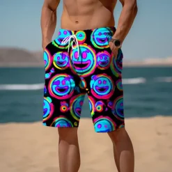 Men's Graphic Prints Smile Face Sweat Shorts Beach Shorts Terry Shorts Mid Waist Casual Athleisure Daily Holiday Streetwear Drawstring Elastic Waist 3D Print Designer Clothing Apparel