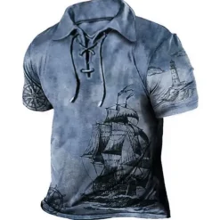 Men's Graphic Prints Vintage Boat Polo Shirt Golf Shirt Short Sleeve Shirt Turndown Outdoor Street Blue Brown Green Khaki Drawstring Print Clothing Apparel Sports Fashion Streetwear Designer