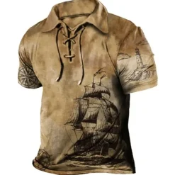 Men's Graphic Prints Vintage Boat Polo Shirt Golf Shirt Short Sleeve Shirt Turndown Outdoor Street Blue Brown Green Khaki Drawstring Print Clothing Apparel Sports Fashion Streetwear Designer