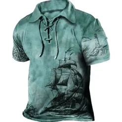 Men's Graphic Prints Vintage Boat Polo Shirt Golf Shirt Short Sleeve Shirt Turndown Outdoor Street Blue Brown Green Khaki Drawstring Print Clothing Apparel Sports Fashion Streetwear Designer