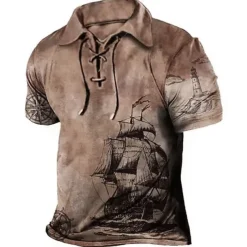 Men's Graphic Prints Vintage Boat Polo Shirt Golf Shirt Short Sleeve Shirt Turndown Outdoor Street Blue Brown Green Khaki Drawstring Print Clothing Apparel Sports Fashion Streetwear Designer