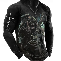 Men's Graphic Skull Skeleton Henley Shirt Tee Long Sleeve 3D Print Fashion Designer Comfortable Outdoor Casual Daily Spring & Fall Black Henley Henley T-Shirt