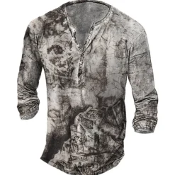 Men's Graphic Skull T shirt Henley Shirt Tee Long Sleeve 3D Print Basic Classic Casual Street Casual Daily Spring & Fall Navy Blue Blue Brown Gray Henley Henley T-Shirt