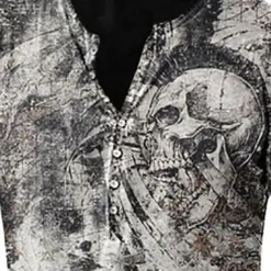 Men's Graphic Skull T shirt Henley Shirt Tee Long Sleeve 3D Print Basic Classic Casual Street Casual Daily Spring & Fall Navy Blue Blue Brown Gray Henley Henley T-Shirt