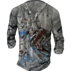 Men's Graphic Skull T shirt Henley Shirt Tee Long Sleeve 3D Print Basic Classic Casual Street Casual Daily Spring & Fall Navy Blue Blue Brown Gray Henley Henley T-Shirt