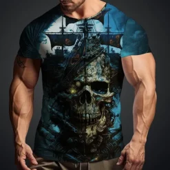 Men's Graphic Skulls T shirt Short Sleeve T shirt 3D Print Crew Neck Shirt Daily Designer Retro Vintage Sports Outdoor Holiday Going out Blue Sky Blue Red Spring & Summer Clothing Apparel S M L XL