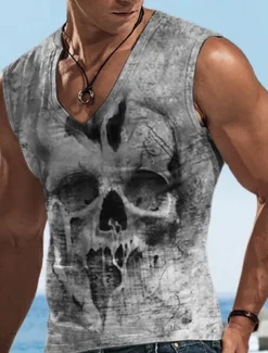 Men's Graphic Skulls Vest Top Sleeveless T Shirt for Men Sleeveless T shirt 3D Print V Neck Shirt Designer Casual Muscle Sports Running Gym Blue Purple Khaki Spring & Summer Clothing Apparel S M L XL