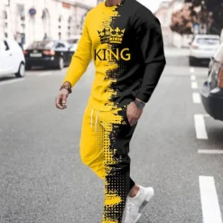 Men's Graphic Splicing 2pcs 3D Sweatshirt Sets Tracksuit Long Sleeve Long pants Crew Neck Streetwear Sportswear Basic Sports & Outdoor Casual Sports Print Spring Fall Black And White Black Yellow