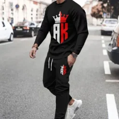 Men's Graphic Splicing 2pcs 3D Sweatshirt Sets Tracksuit Long Sleeve Long pants Crew Neck Streetwear Sportswear Basic Sports & Outdoor Casual Sports Print Spring Fall Black And White Black Yellow