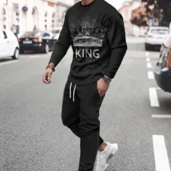 Men's Graphic Splicing 2pcs 3D Sweatshirt Sets Tracksuit Long Sleeve Long pants Crew Neck Streetwear Sportswear Basic Sports & Outdoor Casual Sports Print Spring Fall Black And White Black Yellow