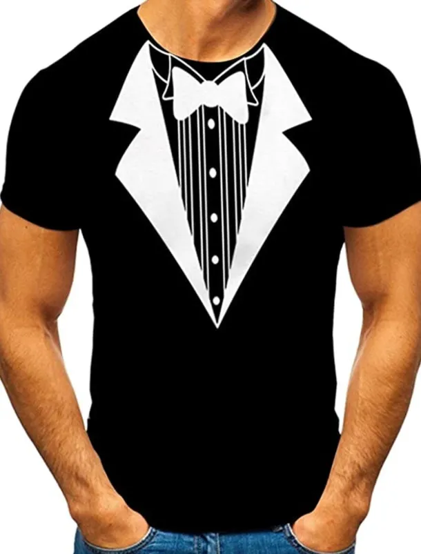 Men's Graphic Tee Tuxedo Shirts Short Sleeve T shirt 3D Print Round Neck Shirt Exaggerated Basic Daily Black White Yellow Clothing Apparel Normal S M L XL XXL 3XL 4XL