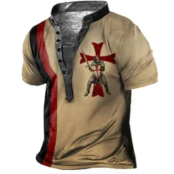 Men's Graphic Templar Cross Knights Templar T Shirt Henley Shirt Tee Short Sleeve 3D Print Designer Basic Casual Outdoor Daily Sports Summer White Blue Brown Green Coffee Stand Collar Henley T-Shirt