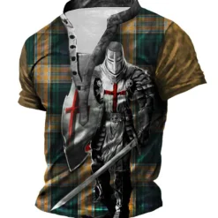 Men's Graphic Templar Cross Knights Templar T Shirt Henley Shirt Tee Short Sleeve 3D Print Designer Basic Casual Outdoor Daily Sports Summer White Blue Brown Green Coffee Stand Collar Henley T-Shirt