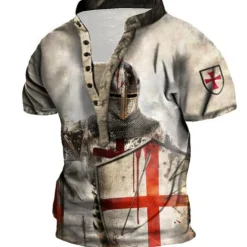Men's Graphic Templar Cross Knights Templar T Shirt Henley Shirt Tee Short Sleeve 3D Print Designer Basic Casual Outdoor Daily Sports Summer White Blue Brown Green Coffee Stand Collar Henley T-Shirt