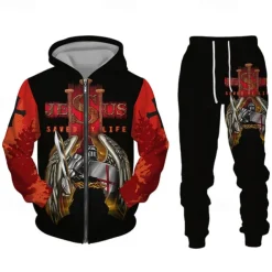 Men's Graphic Templar Cross 2pcs 3D Sweatshirt Sets Tracksuit Hoodies Long Sleeve Long pants Hooded Streetwear Designer Basic Sports & Outdoor Casual Sports Zipper Spring Fall Black White Wine