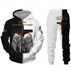 Men's Graphic Templar Cross 2pcs 3D Sweatshirt Sets Tracksuit Hoodies Long Sleeve Long pants Hooded Streetwear Designer Basic Sports & Outdoor Casual Sports Zipper Spring Fall Black White Wine