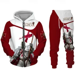 Men's Graphic Templar Cross 2pcs 3D Sweatshirt Sets Tracksuit Hoodies Long Sleeve Long pants Hooded Streetwear Designer Basic Sports & Outdoor Casual Sports Zipper Spring Fall Black White Wine