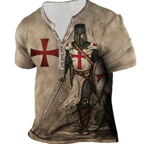 Men's Graphic Templar Cross Cross T shirt Henley Shirt Tee Short Sleeve 3D Print Designer Basic Casual Outdoor Daily Sports Summer Blue Purple Brown Green Gray Henley Henley T-Shirt