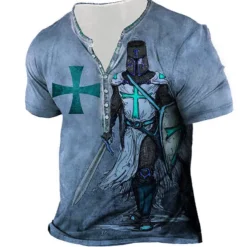 Men's Graphic Templar Cross Cross T shirt Henley Shirt Tee Short Sleeve 3D Print Designer Basic Casual Outdoor Daily Sports Summer Blue Purple Brown Green Gray Henley Henley T-Shirt