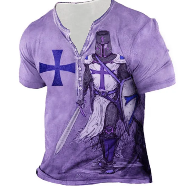 Men's Graphic Templar Cross Cross T shirt Henley Shirt Tee Short Sleeve 3D Print Designer Basic Casual Outdoor Daily Sports Summer Blue Purple Brown Green Gray Henley Henley T-Shirt