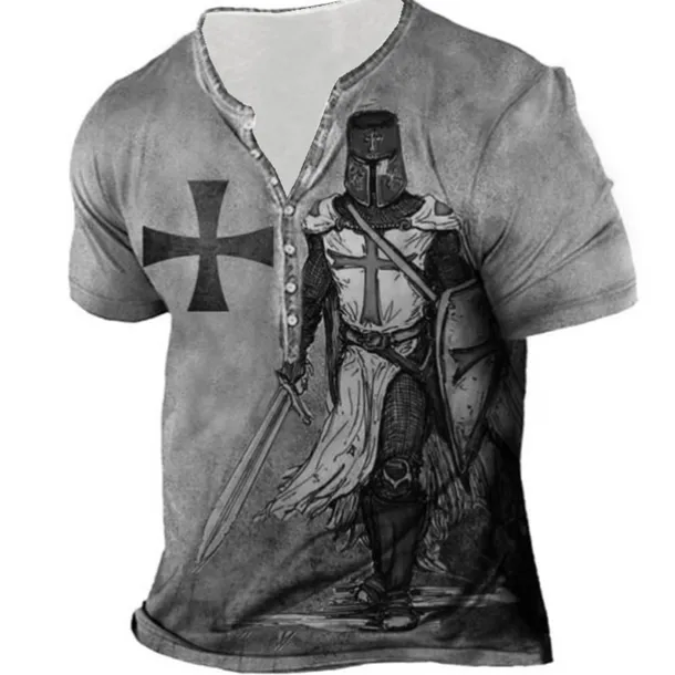 Men's Graphic Templar Cross Cross T shirt Henley Shirt Tee Short Sleeve 3D Print Designer Basic Casual Outdoor Daily Sports Summer Blue Purple Brown Green Gray Henley Henley T-Shirt