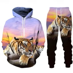 Men's Graphic Tiger 2pcs 3D Sweatshirt Sets Tracksuit Hoodies Long Sleeve Long pants Hooded Streetwear Designer Basic Sports & Outdoor Casual Sports Print Spring Fall Black Blue Purple