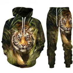 Men's Graphic Tiger 2pcs 3D Sweatshirt Sets Tracksuit Hoodies Long Sleeve Long pants Hooded Streetwear Designer Basic Sports & Outdoor Casual Sports Print Spring Fall Black Blue Purple
