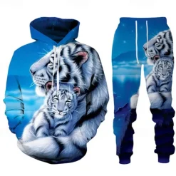 Men's Graphic Tiger 2pcs 3D Sweatshirt Sets Tracksuit Hoodies Long Sleeve Long pants Hooded Streetwear Designer Basic Sports & Outdoor Casual Sports Print Spring Fall Black Blue Purple