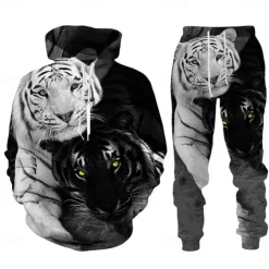 Men's Graphic Tiger 2pcs 3D Sweatshirt Sets Tracksuit Hoodies Long Sleeve Long pants Hooded Streetwear Designer Basic Sports & Outdoor Casual Sports Print Spring Fall Black Blue Purple