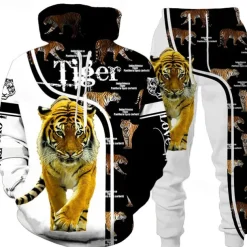 Men's Graphic Tiger 2pcs 3D Sweatshirt Sets Tracksuit Hoodies Long Sleeve Long pants Hooded Streetwear Basic Casual Sports & Outdoor Casual Sports Print Spring Fall White+Dark Gray Black+Light Grey