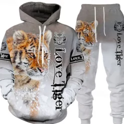 Men's Graphic Tiger 2pcs 3D Sweatshirt Sets Tracksuit Hoodies Long Sleeve Long pants Hooded Streetwear Basic Casual Sports & Outdoor Casual Sports Print Spring Fall White+Dark Gray Black+Light Grey