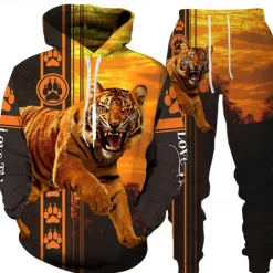 Men's Graphic Tiger 2pcs 3D Sweatshirt Sets Tracksuit Hoodies Long Sleeve Long pants Hooded Streetwear Basic Casual Sports & Outdoor Casual Sports Print Spring Fall White+Dark Gray Black+Light Grey