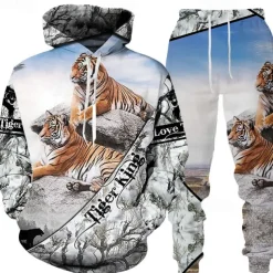 Men's Graphic Tiger 2pcs 3D Sweatshirt Sets Tracksuit Hoodies Long Sleeve Long pants Hooded Streetwear Basic Casual Sports & Outdoor Casual Sports Print Spring Fall White+Dark Gray Black+Light Grey