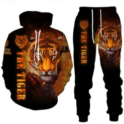 Men's Graphic Tiger 2pcs 3D Sweatshirt Sets Tracksuit Hoodies Long Sleeve Long pants Hooded Streetwear Basic Casual Sports & Outdoor Casual Sports Print Spring Fall Yellow / Black Yellow & Black Black