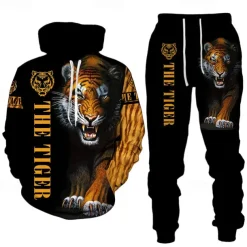 Men's Graphic Tiger 2pcs 3D Sweatshirt Sets Tracksuit Hoodies Long Sleeve Long pants Hooded Streetwear Basic Casual Sports & Outdoor Casual Sports Print Spring Fall Yellow / Black Yellow & Black Black