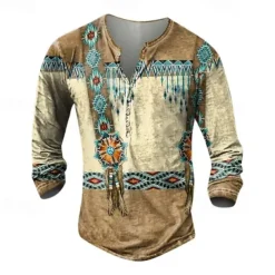 Men's Graphic Tribal Henley Shirt Long Sleeve 3D Print Daily Ethnic Casual Casual Holiday Going out Spring & Fall Khaki Henley Henley T-Shirt